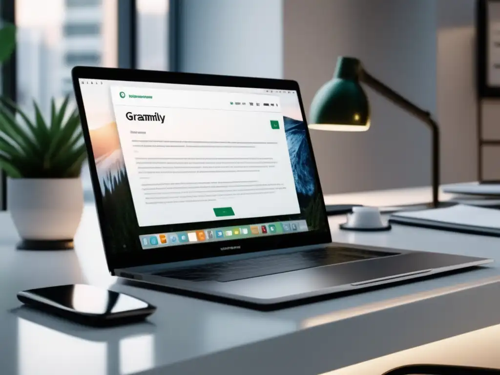 Oficina moderna con vista a la ciudad Escritorio de mármol blanco con laptop mostrando el sitio web de Grammarly, notas sobre el programa de afiliados y vista panorámica de la ciudad