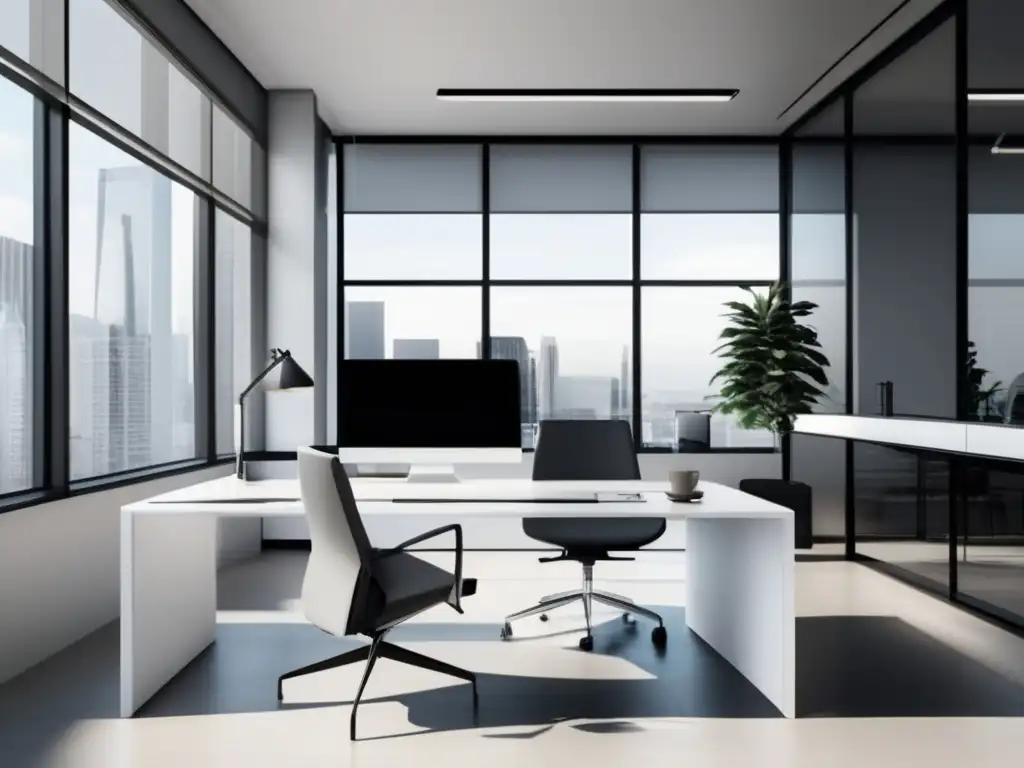 Oficina moderna con luz natural y diseño minimalista Oficina moderna con luz natural, diseño minimalista y escritorio organizado