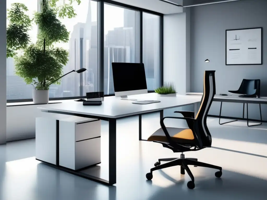 Oficina moderna con abundante luz natural y escritorio blanco Espacio de oficina moderno con abundante luz natural y detalles legales de marketing de afiliados
