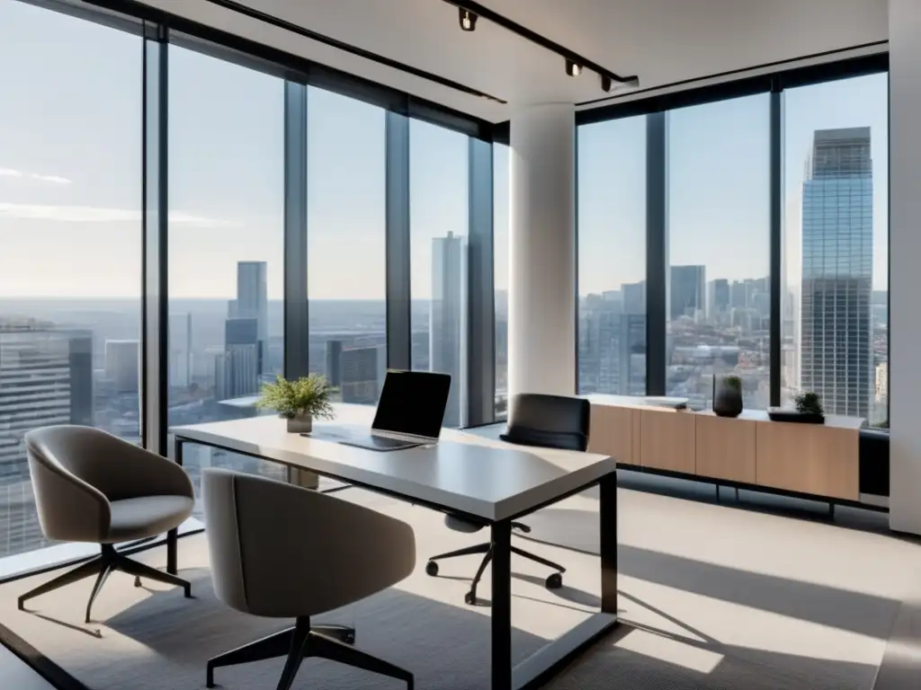 Oficina moderna con vista a la ciudad Oficina moderna con vista a la ciudad y mobiliario contemporáneo - Leyes del marketing de afiliados
