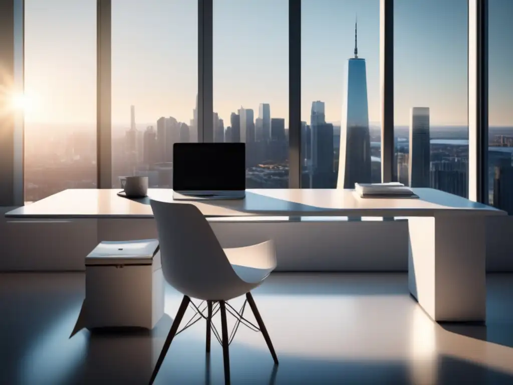 Espacio de oficina moderno y minimalista con vista a la ciudad Imagen: Oficina minimalista con escritorio blanco y vista a la ciudad, representando el programa de afiliados de SiteGround