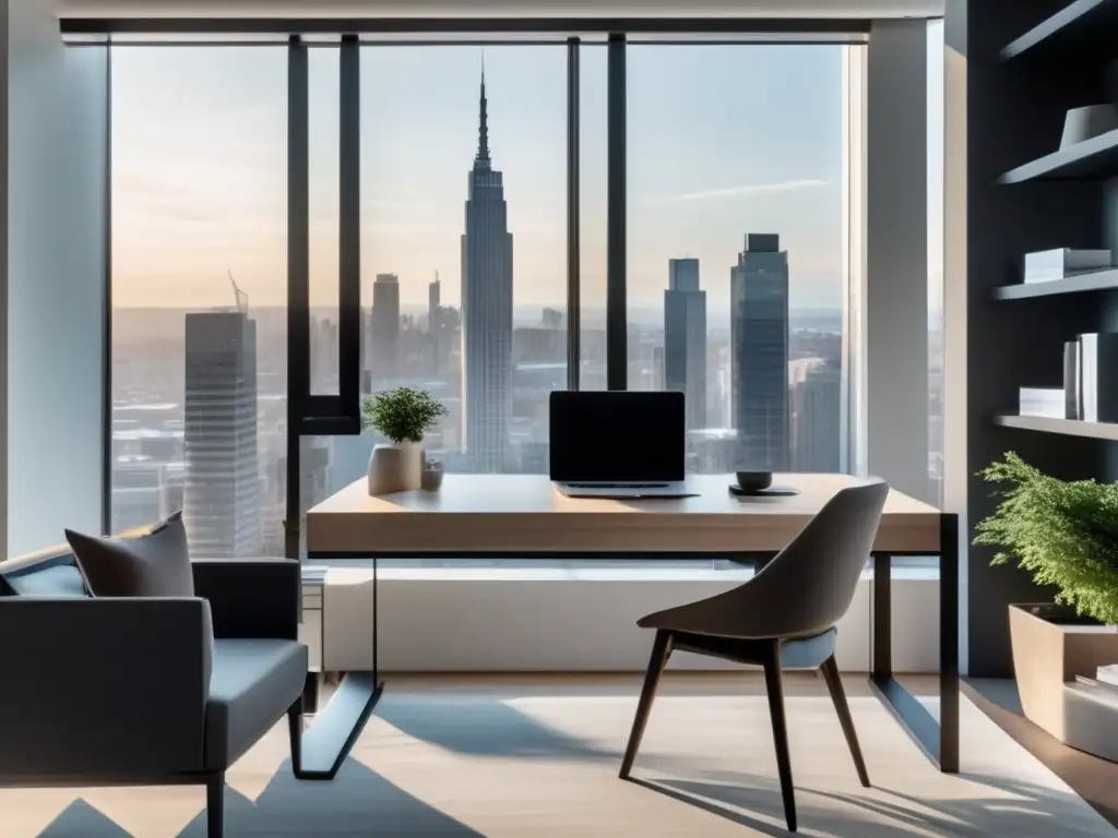 Espacio de oficina minimalista y moderno con vista a la ciudad Oficina moderna y minimalista con vista a la ciudad y técnicas de marketing de afiliados