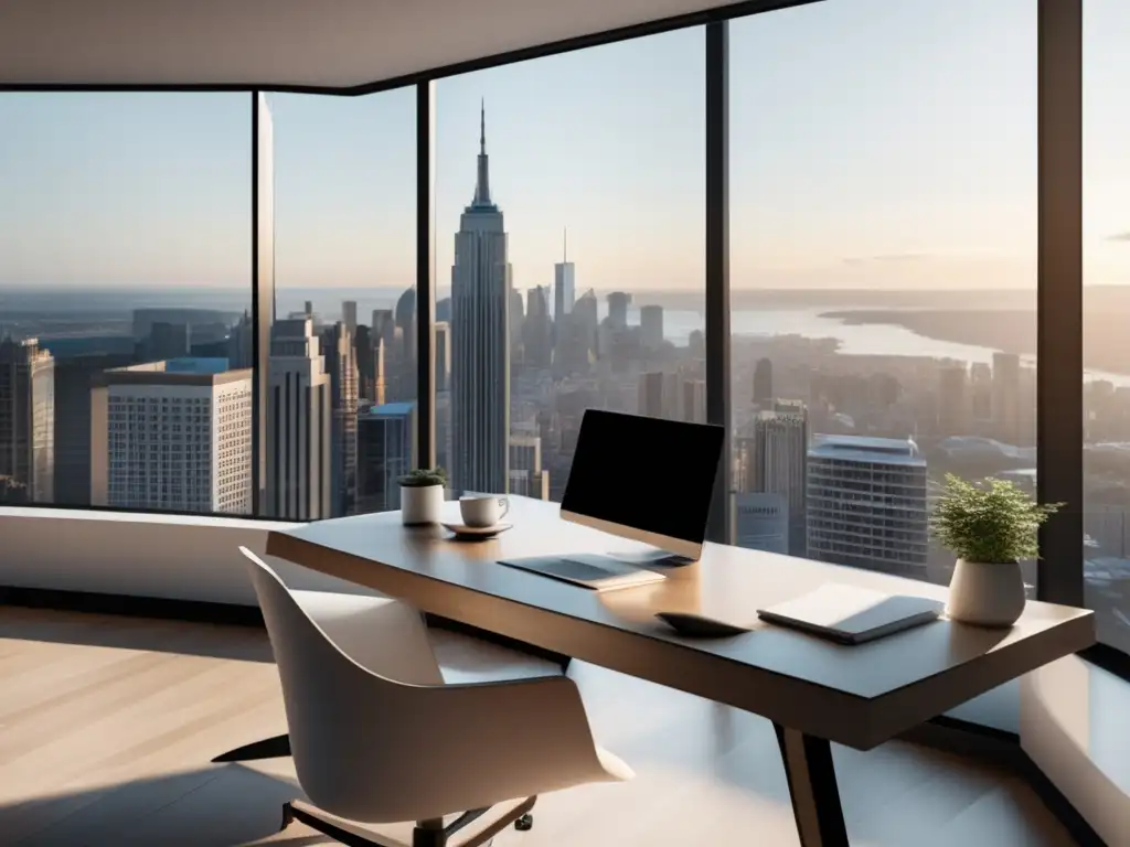 Oficina moderna con vista a la ciudad Oficina moderna con vista a la ciudad, diseño minimalista, escritorio de madera, luz natural