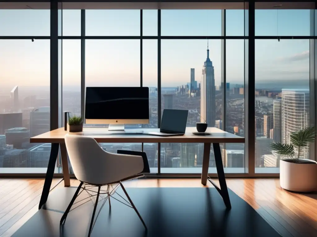 Oficina moderna con vista a la ciudad Oficina moderna con vista a la ciudad, diseño minimalista y luz natural