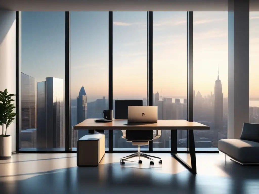 Oficina moderna con vista panorámica de ciudad para plataforma de afiliados
