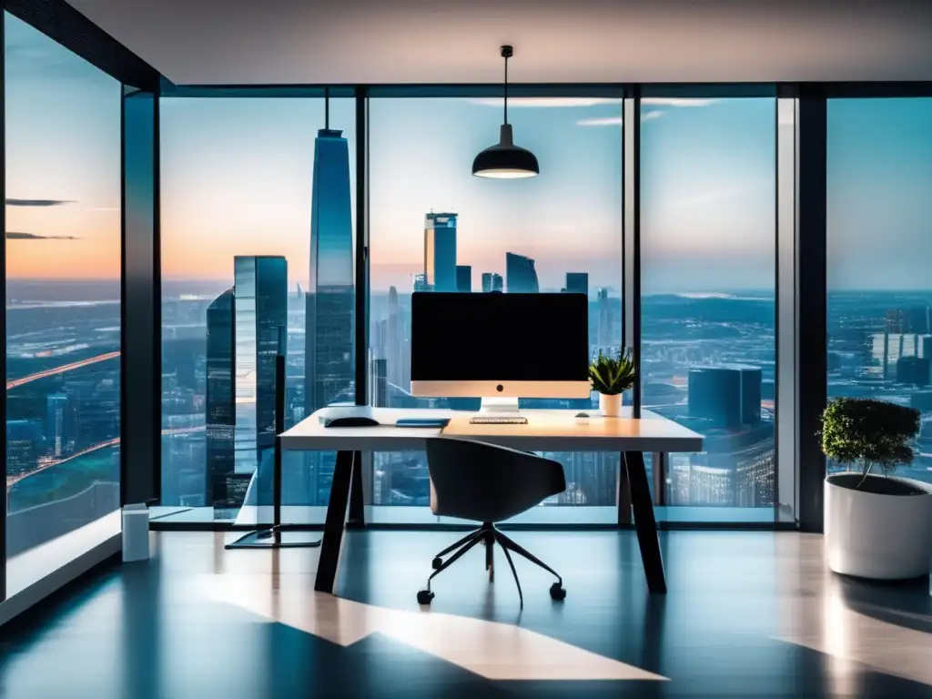 Oficina minimalista con vista panorámica Oficina moderna con vista panorámica de la ciudad y gráficos de marketing de afiliados