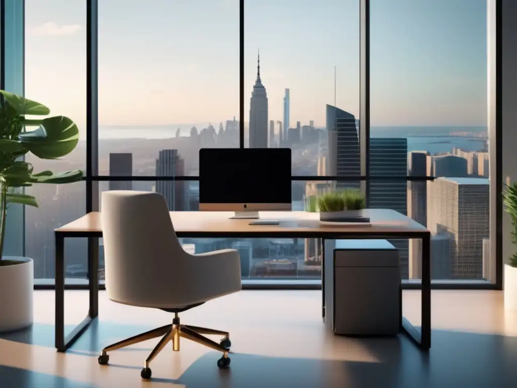 Oficina moderna con vista panorámica Espacio de trabajo profesional con normativas legales en marketing de afiliados