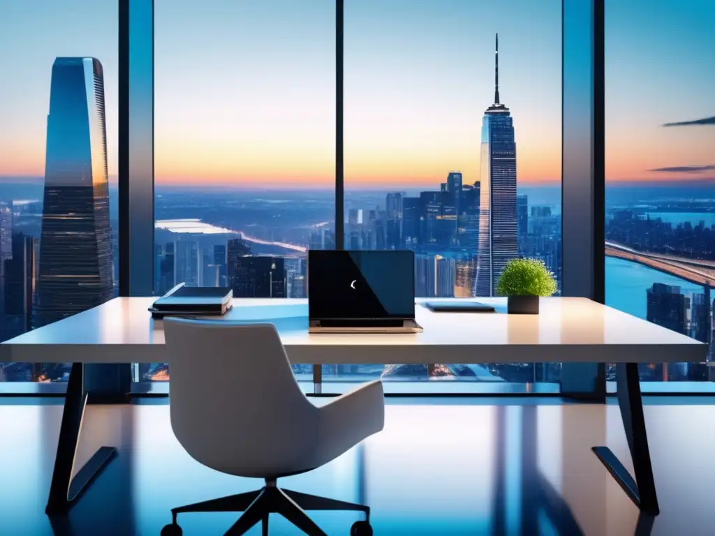 Oficina moderna con vista panorámica de la ciudad Oficina moderna con vista panorámica de ciudad, escritorio blanco con computadora y estrategias clave