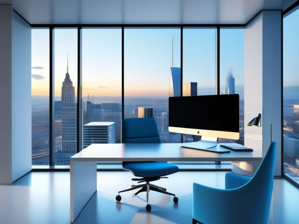 Espacio de oficina moderno con vista panorámica Oficina moderna con vista panorámica de la ciudad, diseño minimalista y escritorio de marketing de afiliados