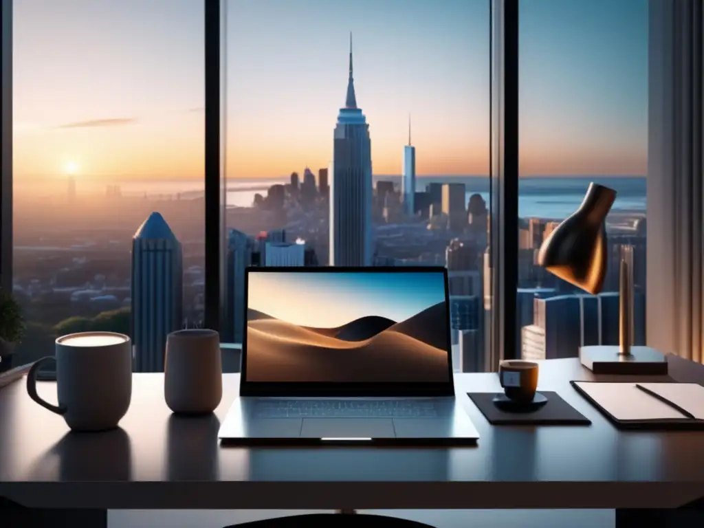 Oficina moderna con vista panorámica Espacio de oficina moderno con vista a la ciudad, muebles minimalistas, pantalla de computadora y ambiente de éxito en el marketing de afiliados