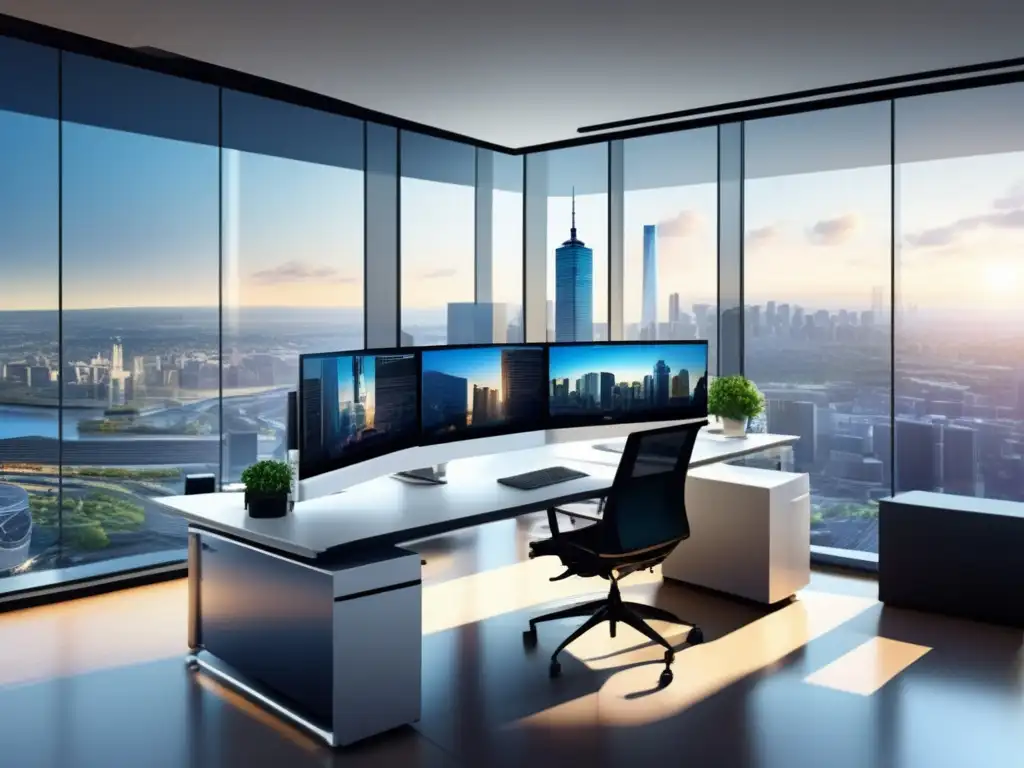 Espacio de oficina moderno con vista a la ciudad Oficina moderna con vista panorámica de ciudad, estrategia de marketing de afiliados exitosa
