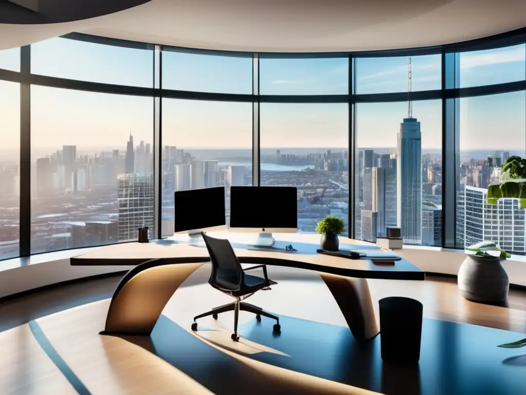 Oficina moderna con vista a la ciudad Moderna oficina con vistas a la ciudad, luz natural, muebles minimalistas y tecnología avanzada