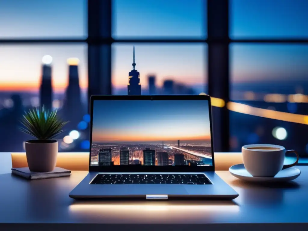 Espacio de trabajo moderno con vista panorámica de la ciudad Escritorio profesional con vista panorámica de ciudad: casos de éxito en marketing de afiliados