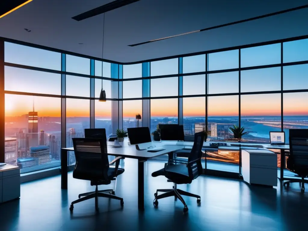 Oficina moderna con vista panorámica de la ciudad Oficina moderna con vista panorámica de la ciudad, profesionales trabajando y discutiendo tendencias en marketing de afiliados