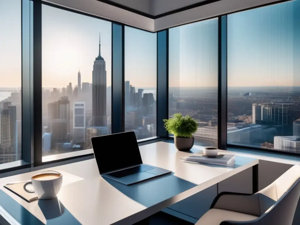 Espacio de oficina moderno con vista a la ciudad Espacio de oficina moderno con vistas a la ciudad y diseño minimalista