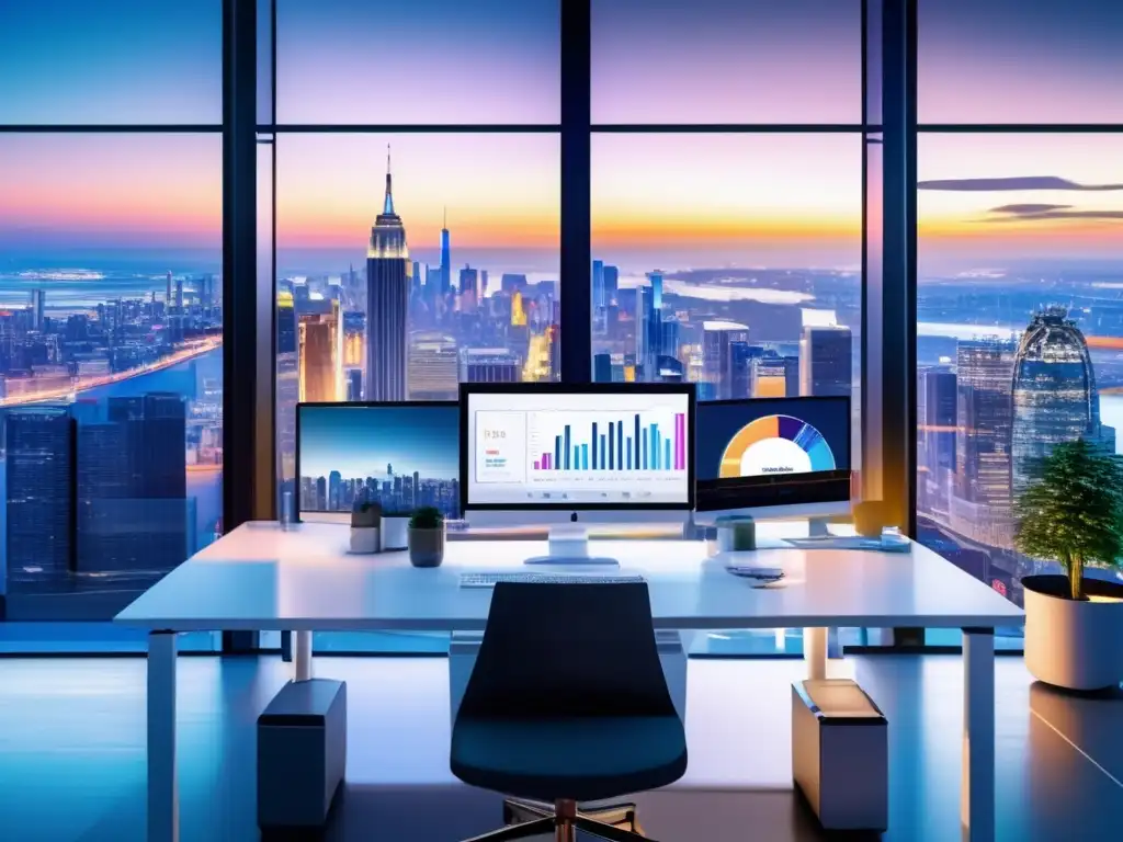 Oficina moderna con vista panorámica de ciudad y análisis de datos Oficina moderna con vista panorámica de ciudad, muebles minimalistas y análisis de datos para estrategias efectivas de marketing de afiliados