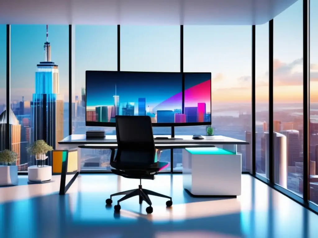 Oficina moderna con vista a la ciudad Oficina moderna con vista a la ciudad, escritorio blanco espacioso y monitor de gráficos coloridos