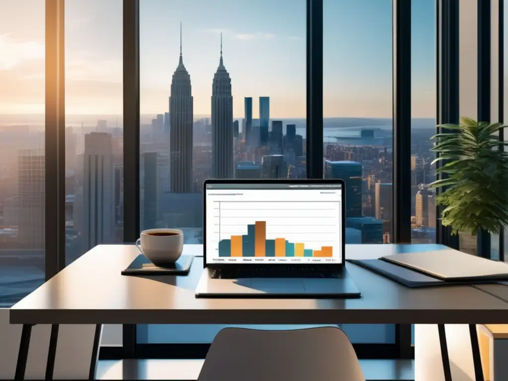 Oficina moderna con vista a la ciudad y escritorio minimalista Oficina moderna con vista a la ciudad, escritorio minimalista y libros de estrategias de SEO para aumentar ingresos como afiliado