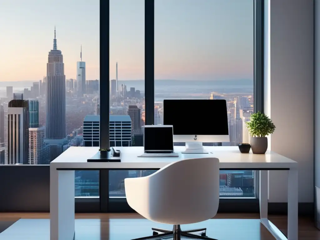 Oficina moderna con vista panorámica de la ciudad, luz natural y accesorios minimalistas