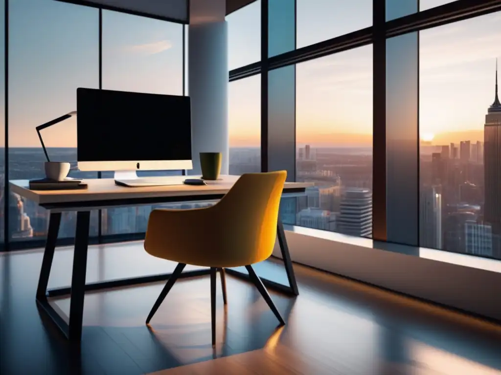 Espacio de oficina moderno con vista a la ciudad Oficina moderna con vista a la ciudad, escritorio organizado y luz natural