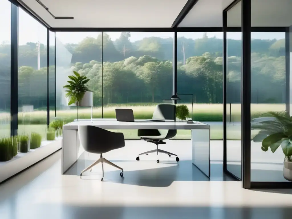 Oficina moderna y transparente con ética en el marketing Oficina moderna con vista a un paisaje verde, mobiliario minimalista y mensaje de