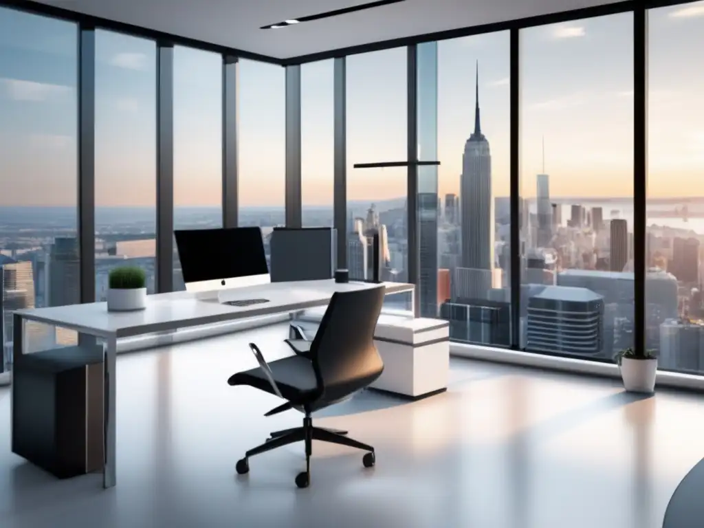 Oficina moderna con SEO y Marketing Oficina moderna con vista a la ciudad, escritorio blanco con monitor de SEO y Marketing de Afiliados