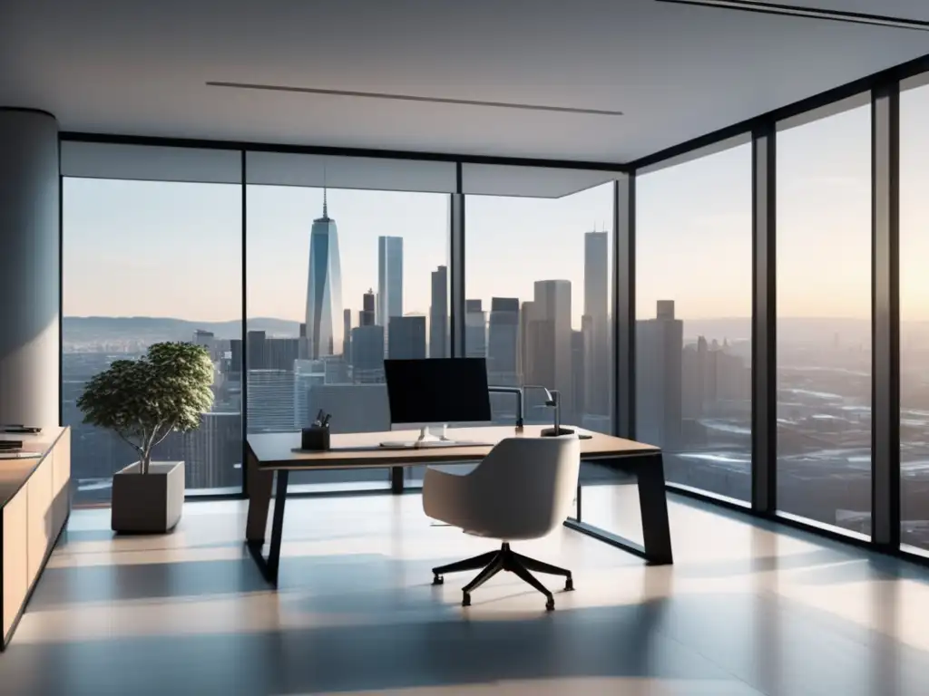 Oficina moderna y elegante Oficina moderna con vista panorámica de la ciudad, diseño minimalista y luz natural