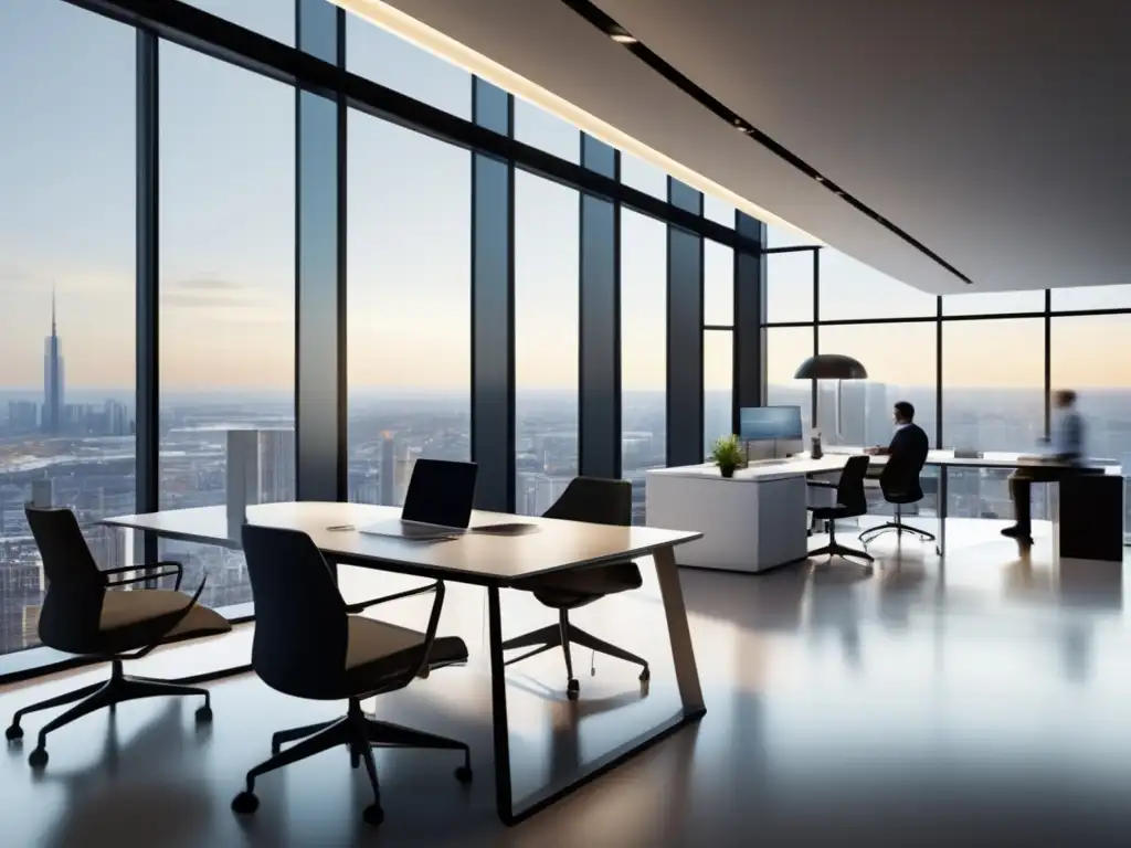 Oficina moderna con profesionales colaborando Oficina moderna con vista a la ciudad, profesionales en colaboración, estrategias avanzadas de marketing de afiliados