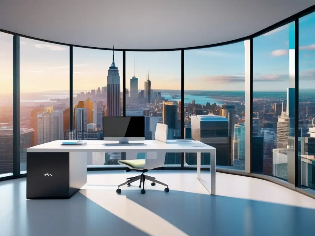 Oficina moderna con vista a la ciudad Oficina moderna con vista urbana y gráfica de ingresos en pantalla