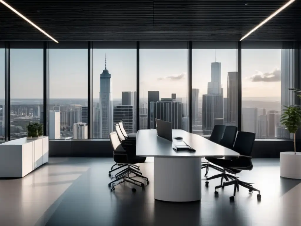 Espacio de oficina moderno y profesi Espacio de oficina moderno con vista a la ciudad, muebles minimalistas y mesa de conferencias rodeada de sillas ergonómicas