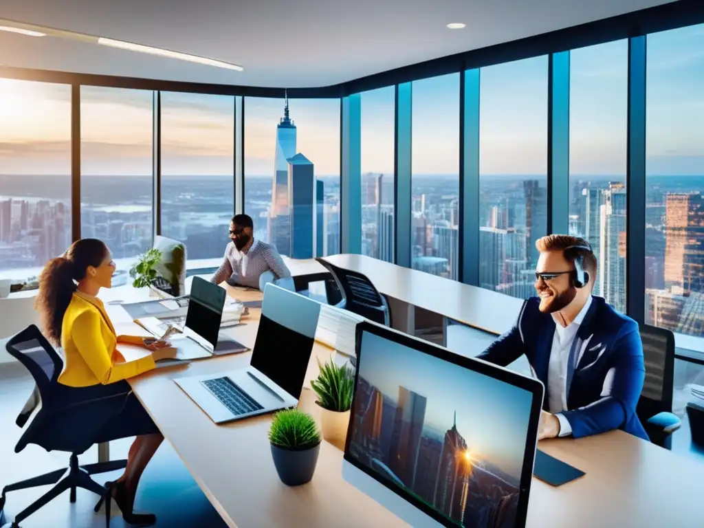 Oficina moderna en la ciudad con profesionales trabajando Equipo trabajando en estrategias clave para el marketing de afiliados