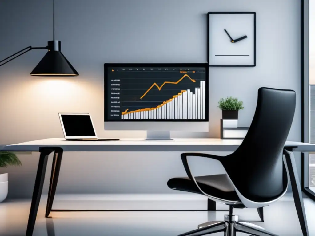 Oficina minimalista con muebles modernos Espacio de oficina minimalista con mobiliario moderno y una laptop mostrando estrategias exitosas de marketing de afiliados