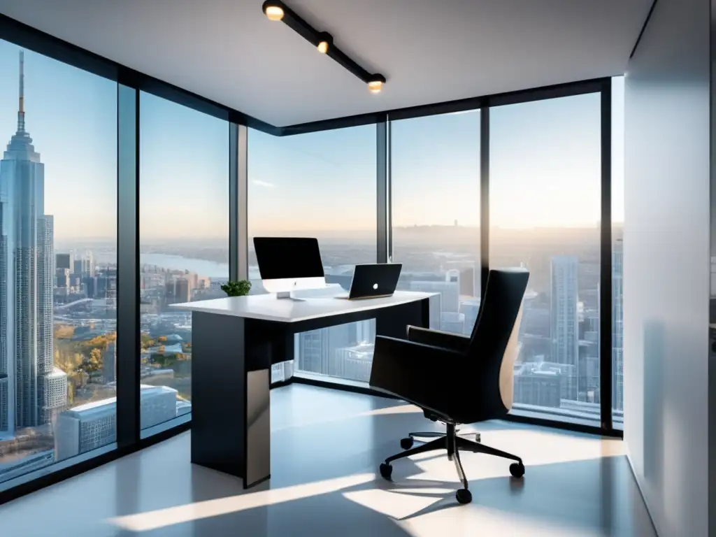 Oficina moderna con vista panorámica Oficina moderna con ventanales y vista a la ciudad, escritorio blanco con laptop y silla ergonómica
