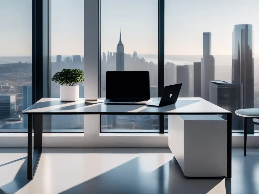 Espacio de oficina minimalista con vista a la ciudad Espacio de oficina minimalista y moderno con escritorio blanco, laptop, bloc de notas y taza de café