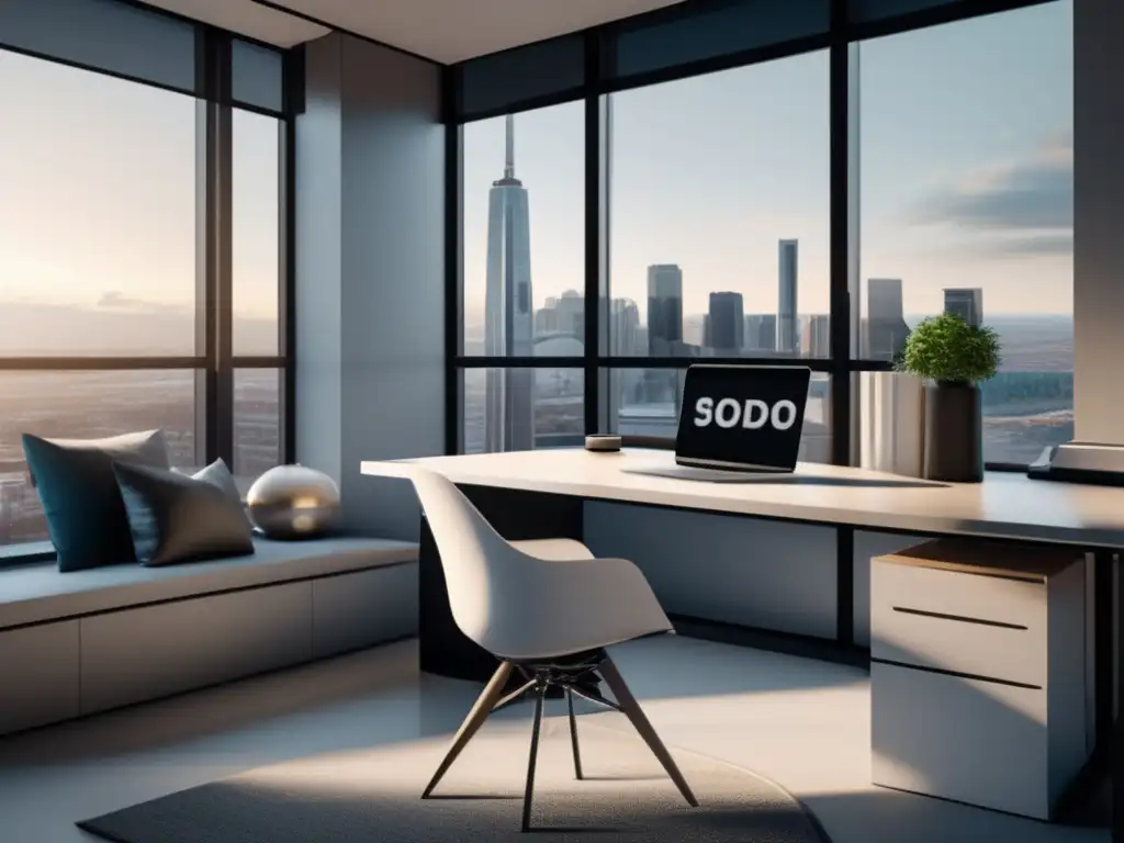 Espacio de oficina moderno y minimalista Oficina moderna y minimalista con vistas a la ciudad, ideal para estrategias de marketing de afiliados