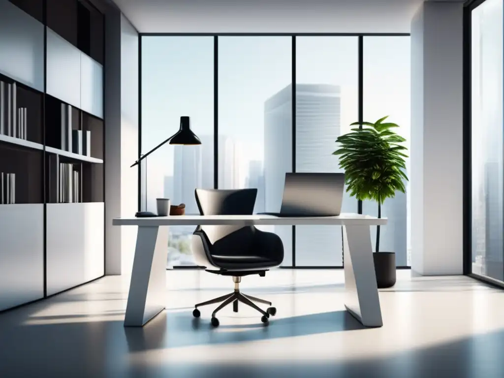 Espacio de oficina moderno y minimalista Oficina moderna con muebles blancos, luz natural y escritorio organizado