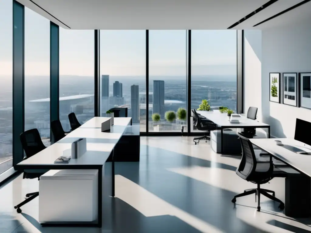 Oficina moderna con diseño minimalista y gran iluminación Oficina moderna con vista panorámica de la ciudad - Herramientas SEO para marketing de afiliados