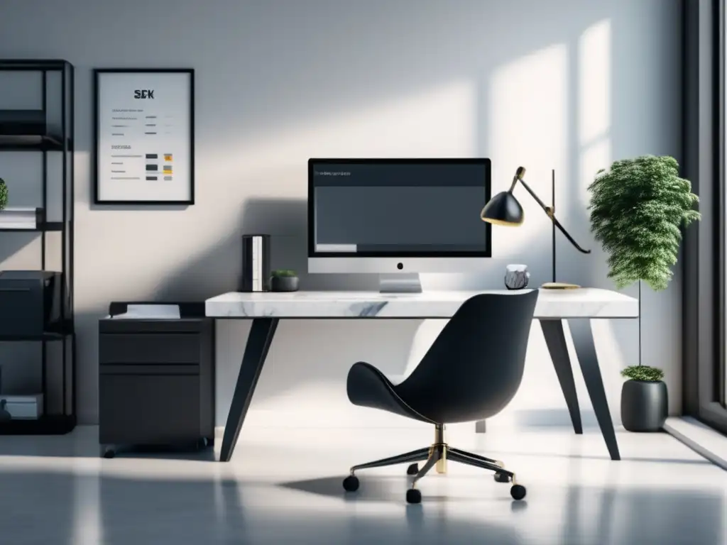 Espacio de trabajo moderno y elegante Oficina moderna con escritorio de mármol blanco y monitor de alta resolución mostrando métricas de CRM para marketing de afiliados