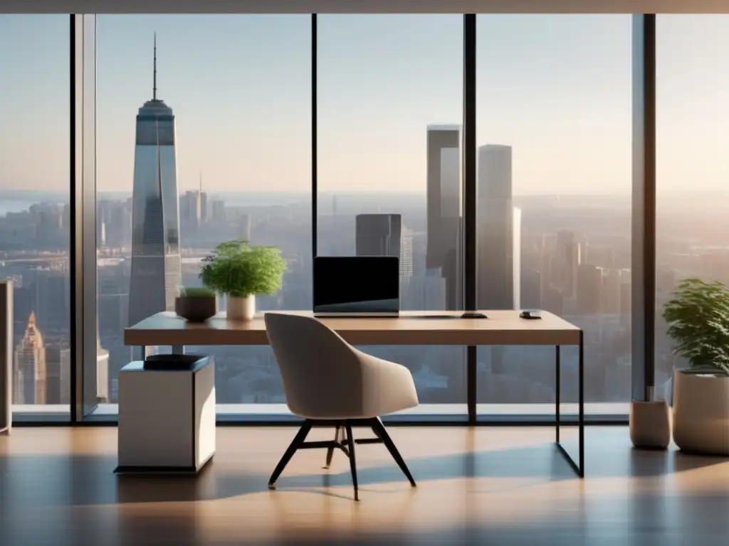 Oficina moderna con vista panorámica de la ciudad Oficina moderna con vista panorámica de ciudad y principios éticos en marketing de afiliados