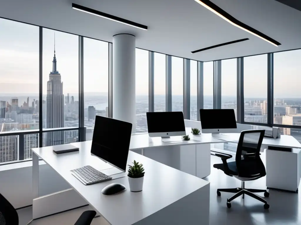 Espacio de oficina moderno y minimalista Oficina moderna con escritorios blancos, sillas ergonómicas y vista a la ciudad