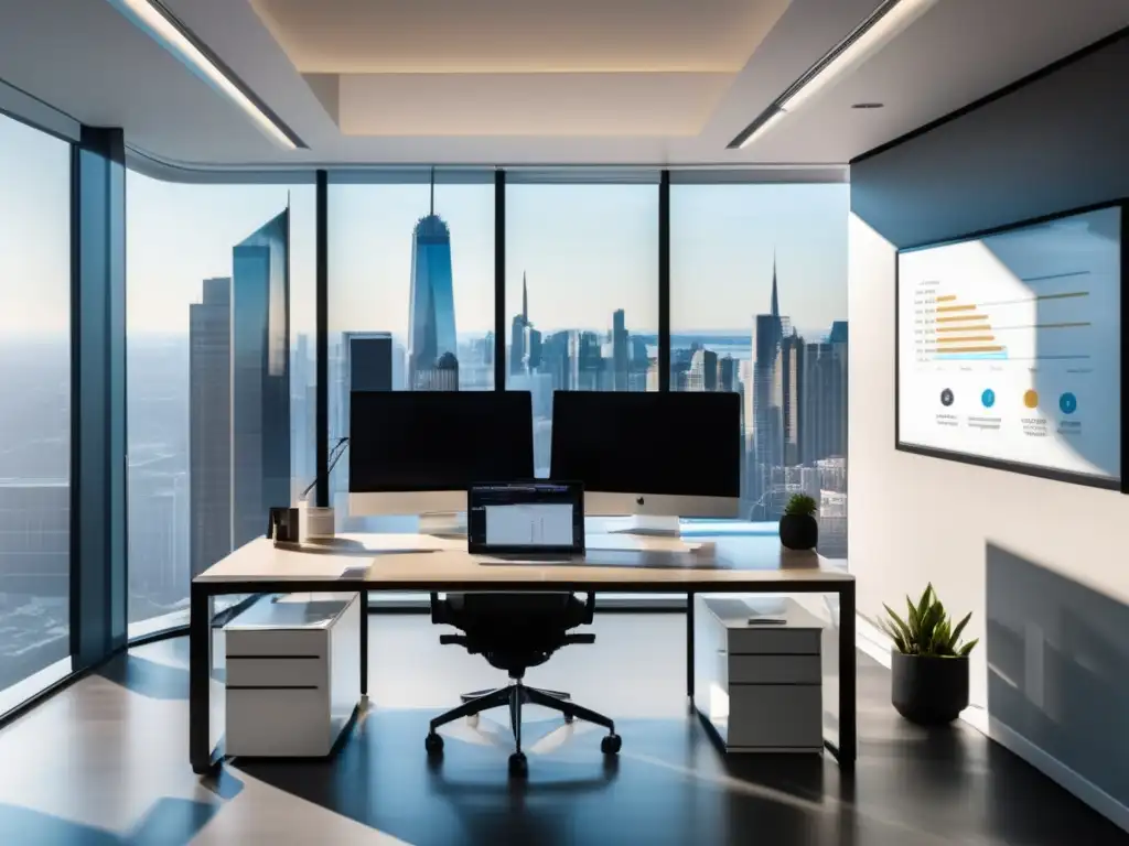 Oficina moderna y elegante con vistas a la ciudad Oficina moderna con vista a la ciudad, escritorio minimalista con gráficos y casos de éxito en optimización de conversiones