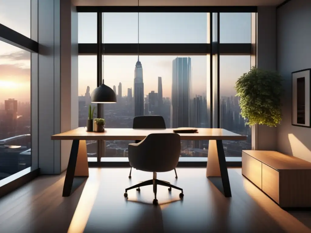 Oficina minimalista con vista a la ciudad y estrategias efectivas en marketing de afiliados