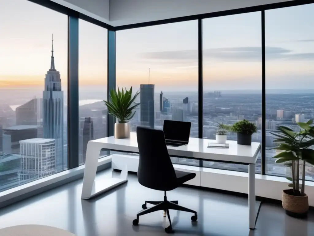 Oficina moderna con vista a la ciudad Escritorio minimalista con vista a la ciudad, organizado con laptop y accesorios