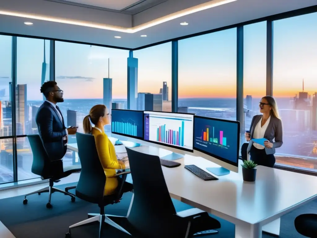 Oficina moderna con vista panorámica de la ciudad y equipo de SEO Oficina moderna con vista panorámica de la ciudad y herramientas de SEO para marketers de afiliados