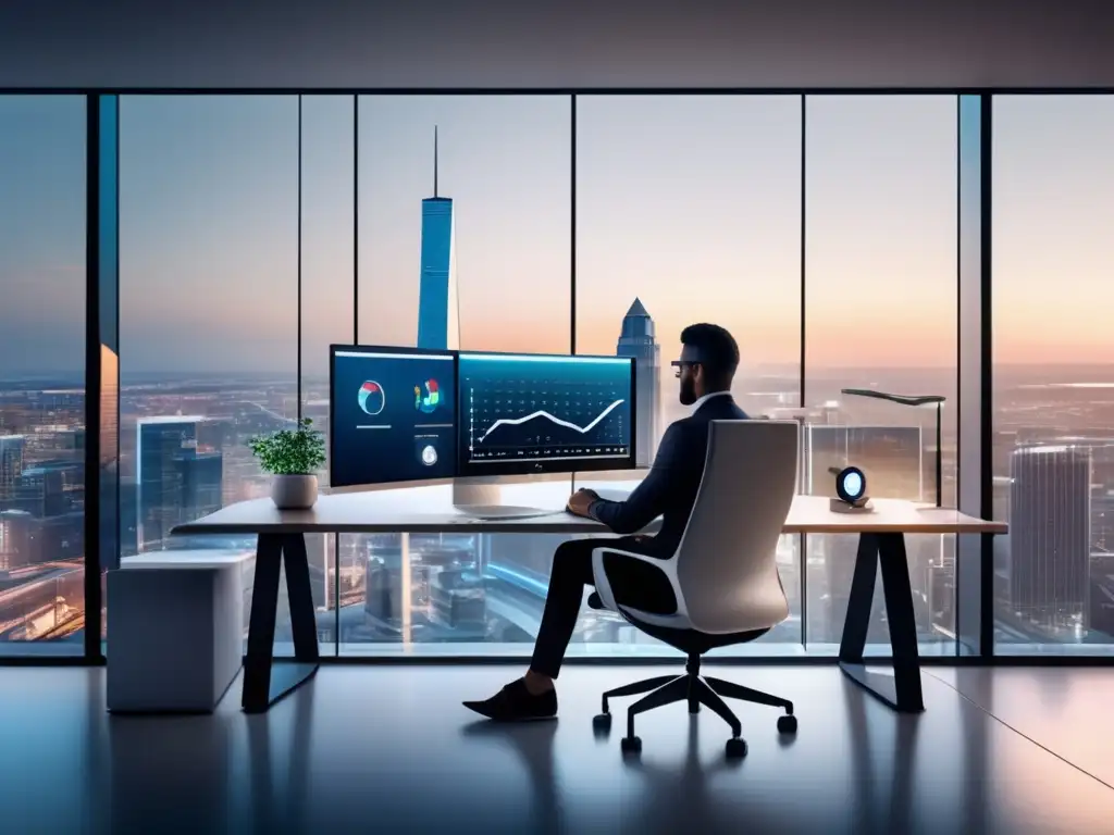 Oficina moderna con vista panorámica de la ciudad Oficina moderna con vista panorámica a la ciudad y estrategia de marketing de afiliados exitosa