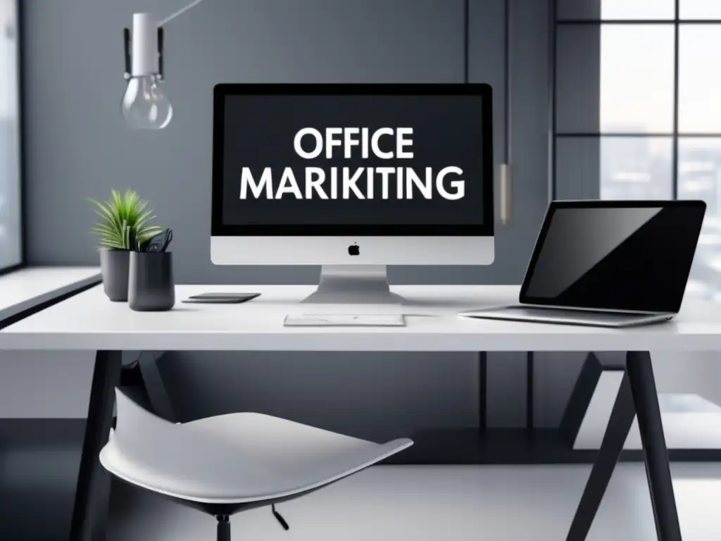 Espacio de trabajo moderno y elegante Espacio de trabajo moderno y sofisticado con escritorio blanco, silla ergonómica y vista panorámica de la ciudad
