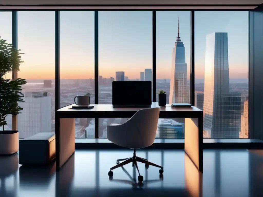 Oficina moderna con vista panorámica Oficina moderna con vista panorámica a la ciudad, escritorio minimalista y silla ergonómica