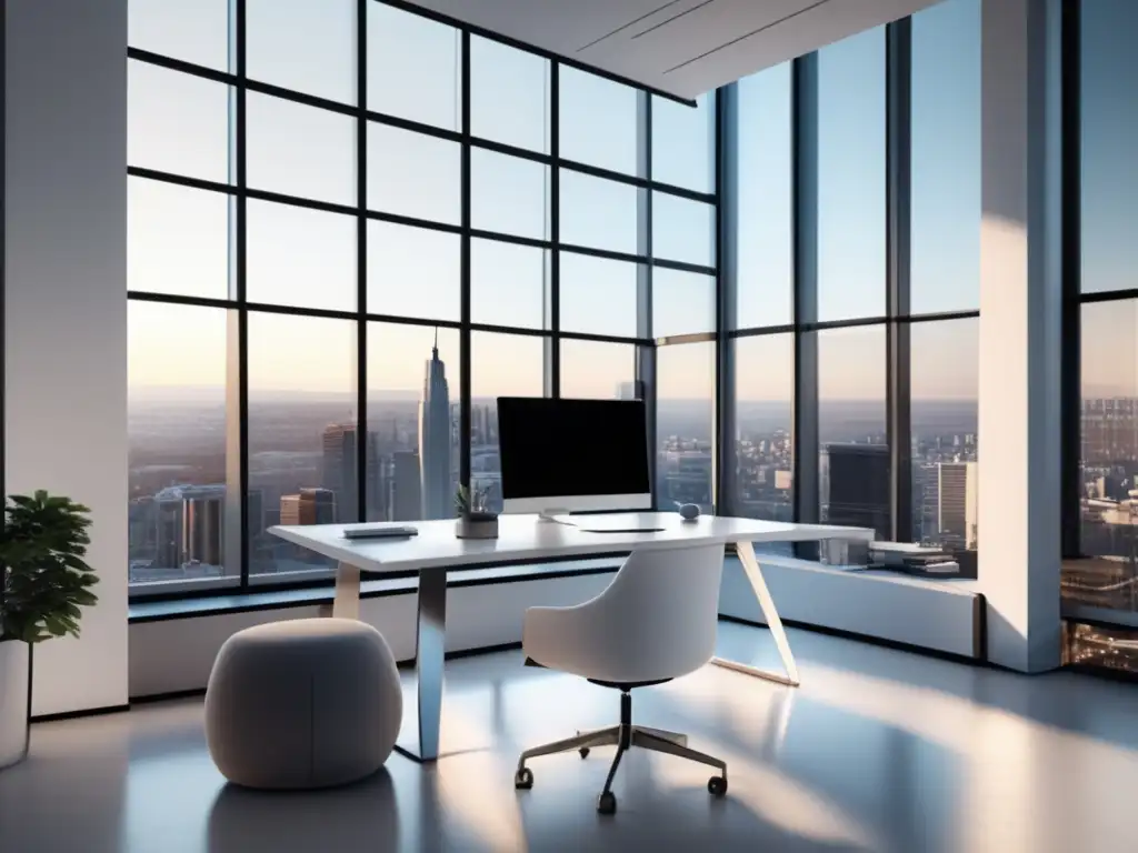 Oficina moderna con vista panorámica Oficina moderna con vista a la ciudad y estrategias para ganar dinero online