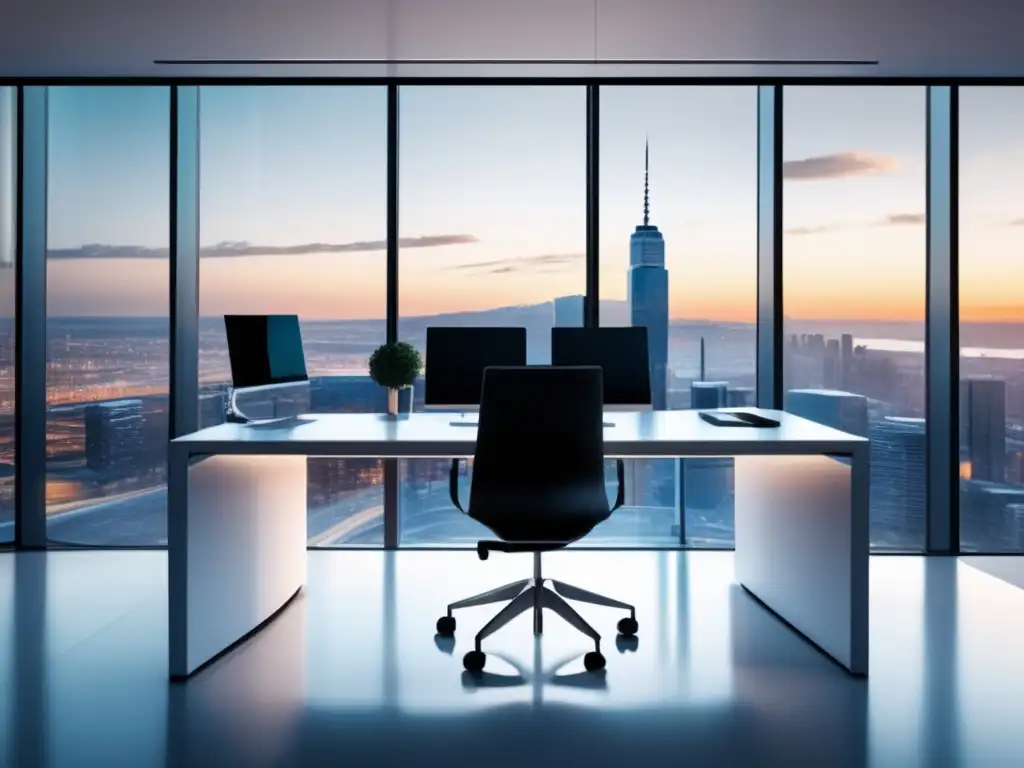 Espacio de oficina moderno con vista a la ciudad y escritorio minimalista Espacio de oficina moderno con vista a la ciudad