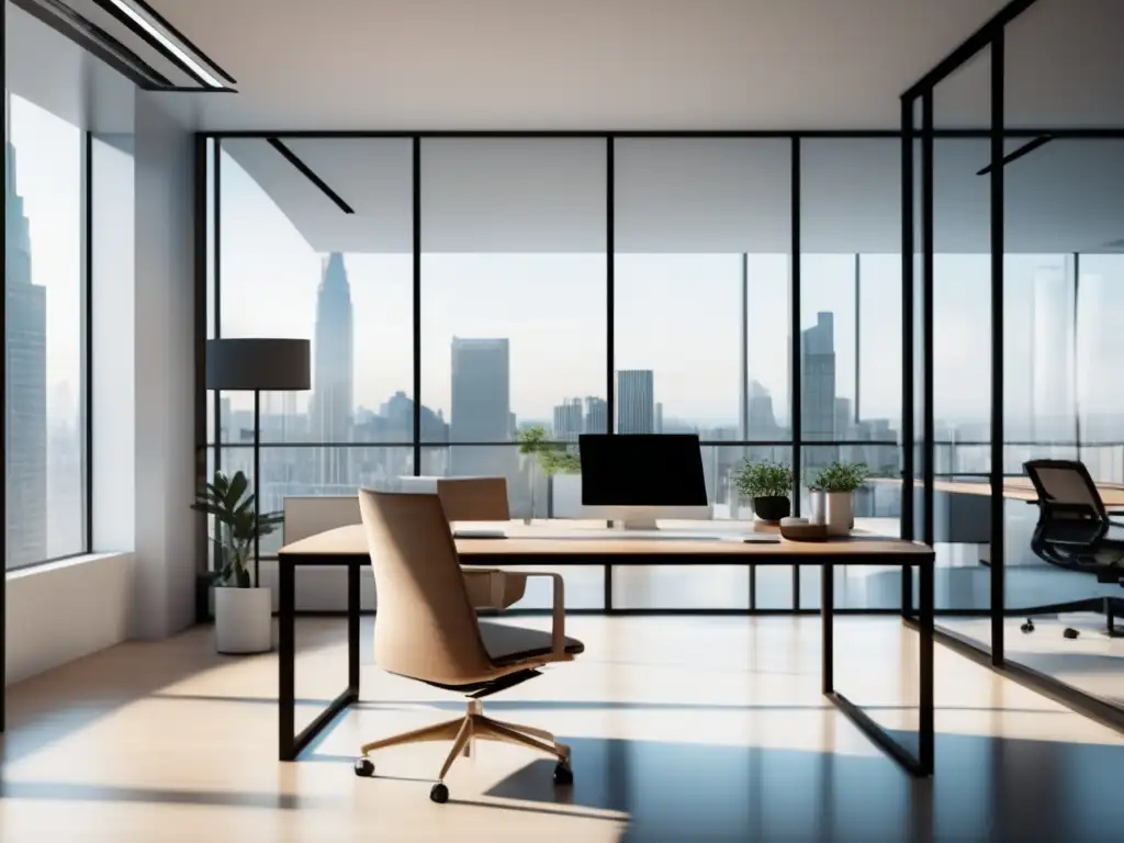 Oficina moderna minimalista Oficina moderna y minimalista con vista a la ciudad - Ejemplos de éxito en el marketing de afiliados